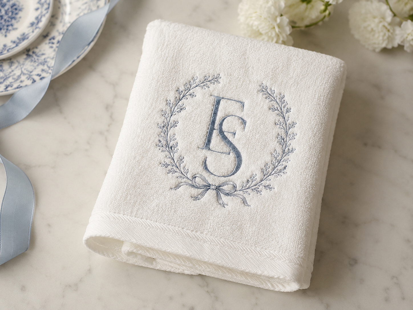 A folded white towel embroidered with a blue ES monogram in a wreath, styled with blue toile china and ribbon