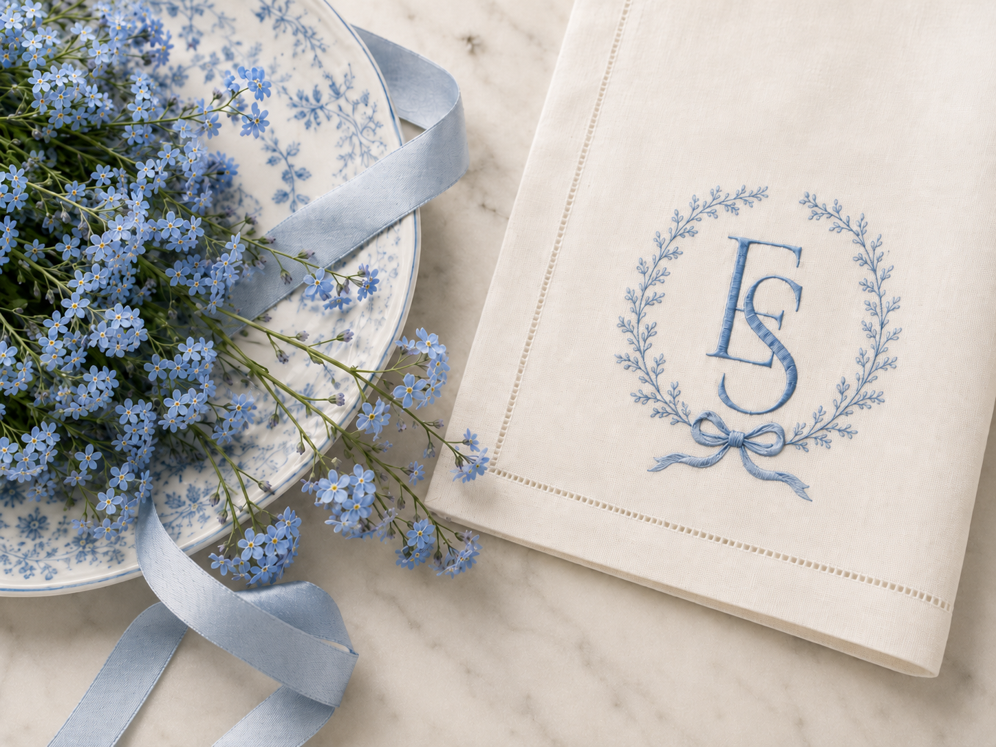 A white hemstitched linen napkin embroidered with a blue ES monogram, styled with forget-me-nots and a satin ribbon